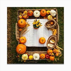 An Idyllic Rustic Autumn Setting A Basket Brimming With Fresh Harvest Of Corn And Pumpkin Wood Br (3) Canvas Print