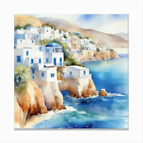 Watercolor Of A Greek Village.Summer on a Greek island. Sea. Sand beach. White houses. Blue roofs. The beauty of the place. Watercolor. 2 Canvas Print