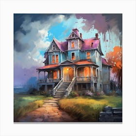 Colorful Haunted House Oil Painting Canvas Print
