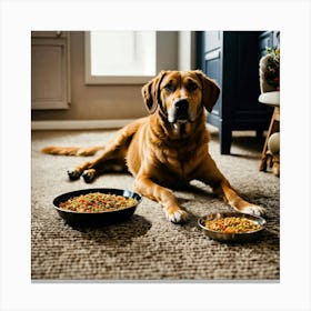 A Photo Of A Dog With A Bowl Of Food In Front Of I Canvas Print