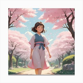 Girl Walking Through Cherry Blossoms Canvas Print