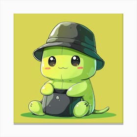 A Little Green Colored Bean Character, Wearing A Black Bucket Hat, Cute, 90 S Anime Style Stampe su tela