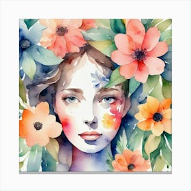 Watercolor Of A Girl With Flowers 2 Canvas Print