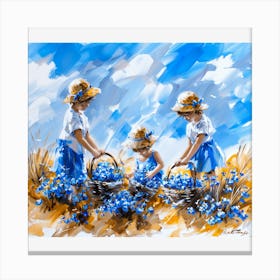 Three Girls Picking Blue Flowers Canvas Print