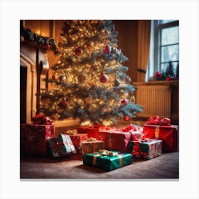 Christmas Presents Under Christmas Tree At Home Next To Fireplace Haze Ultra Detailed Film Photog (3) Canvas Print
