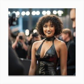 A Black Woman Voluptuous Sexy Wearing Black Latex Dress Curly Hair on the Red Carpet - Created by Midjourney Canvas Print
