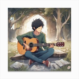 A Young Man Playing the Guitar in Nature's Embrace During the Setting Sun" Canvas Print