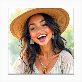 Spanish Woman With A Joyful Expression, Watercolor With Bright Highlights 1 Canvas Print