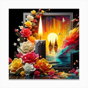 A lit candle inside a picture frame surrounded by flowers 9 Canvas Print