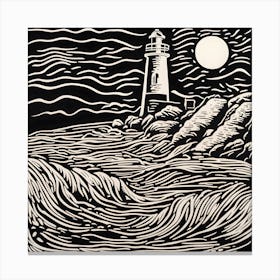 Lighthouse At Night Linocut Canvas Print