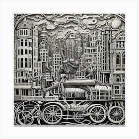 Steampunk Streetscape Monochrome Cubism Style Canvas Print