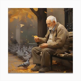 Old Man Feeding Pigeons Canvas Print