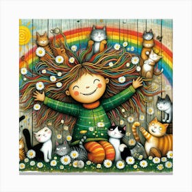 Rainbow Girl With Cats Canvas Print