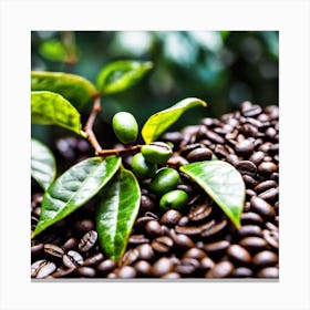 Coffee Beans With Green Leaves Canvas Print