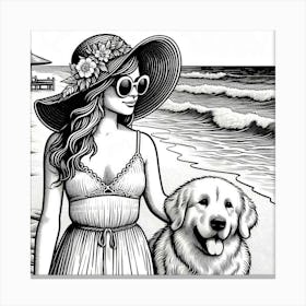 Line Art lady with a dog on the beach 4 Canvas Print