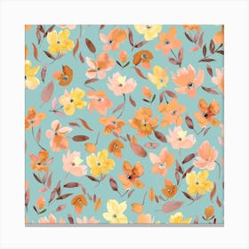 Fresh Flowers Yellow Teal Square Canvas Print