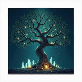 Ancient Tree With Glowing Runes And Floating Crystals Canvas Print