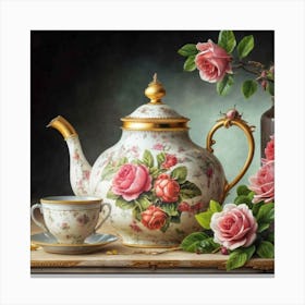 A very finely detailed Victorian style teapot with flowers, plants and roses in the center with a tea cup 2 Canvas Print