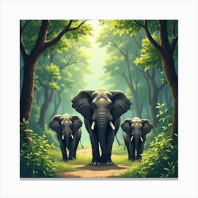 An Elephant Family Walking Through A Lush, Green Forest Canvas Print