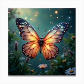 A Mythical Butterfly With Wings Of Glowing, Iridescent Light Fluttering Through A Magical Garden Canvas Print