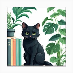 Black Cat On Bookshelf Canvas Print