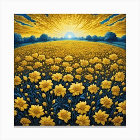 Yellow Flowers In Field With Blue Sky Centered Symmetry Painted Intricate Volumetric Lighting (4) Canvas Print