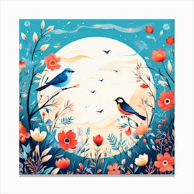 A Bright Toned Design With Flowers And Leaves Trees And Birds A Beautiful And Simple Picture Moonlight Background With Birds And Flowers Canvas Print