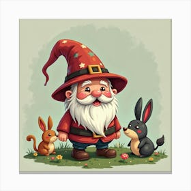 A Charming Gnome With A Whimsical Hat, Surrounded By Tiny Forest Creatures 1 Canvas Print