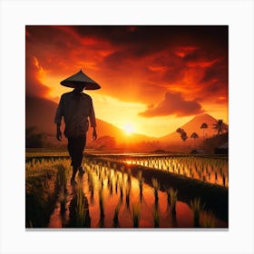 Asian Farmer In Rice Field At Sunset Canvas Print