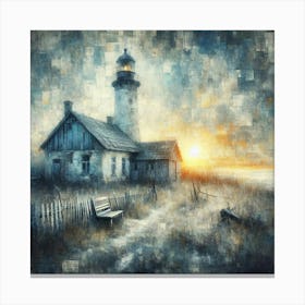 Charming Scene: Old Lighthouse, Neglected Cottage, Crooked Fence, and Sunrise in Dreamy Abstract Expressionism. Canvas Print