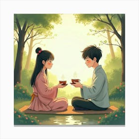 Young Japanese Couple Sharing Tea In A Zen Garden, Surrounded By Soft Light, Watercolor Canvas Print