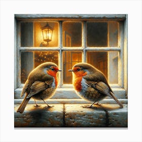 Two Robins On A Windowsill Canvas Print