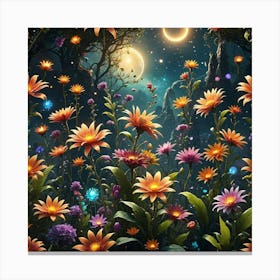 Moon And Flowers In The Forest Canvas Print