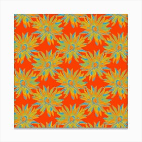 DAHLIA BURSTS Multi Abstract Blooming Floral Summer Bright Flowers in Orange Yellow Lime Green Blue on Coral Red Canvas Print