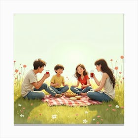 A Group Of Friends Having A Picnic In An English Meadow, Watercolor Style 1 Canvas Print