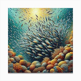 Sardines Gathering Around A Coral Reef In A Vibrant Mosaic, Style Digital Mosaic 1 Canvas Print