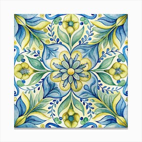 Watercolor Tile With Floral Design In Blue And Yellow Canvas Print