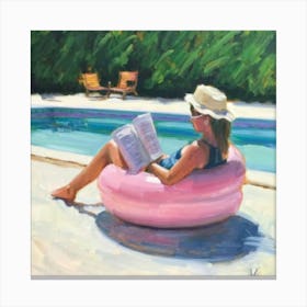 Reading After Swimming Pink Pool Vacation Art P Canvas Print