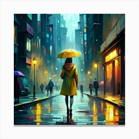 Woman Walking Alone On A Rainy City Street Canvas Print