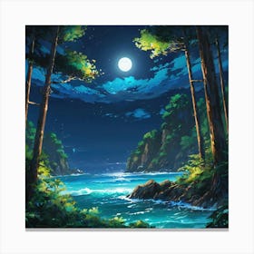 Moonlit Seascape With Luminous Waves Surrounded by a Forest at Night Canvas Print