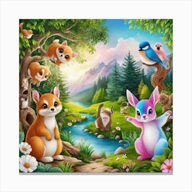 Cute Animals In The Forest Canvas Print