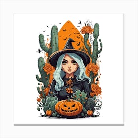 Witch With Pumpkin And Cactus Canvas Print