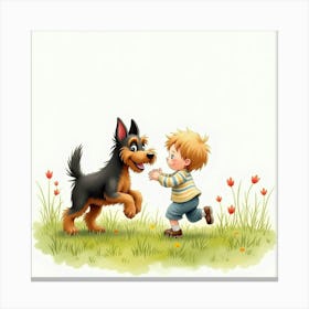 Watercolor Image Of A Scottish Terrier And Child Playing In A Meadow Canvas Print