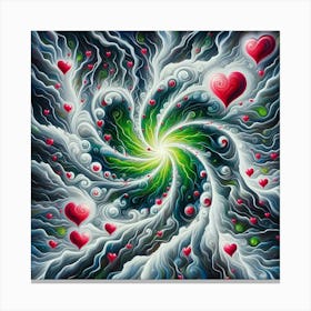 3 Dimensional Lightning With Multiple Green And White Swirls In A Vortex Of 3 Red Hearts Oil Painting 2 Canvas Print