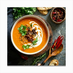 Autumn Pumpkin Curry Soup Simmering In A Traditional Clay Pot Steam Rising Surrounded By An Assort (2) Canvas Print