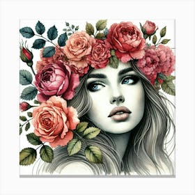 woman portrait with flowers head crown 4 Canvas Print