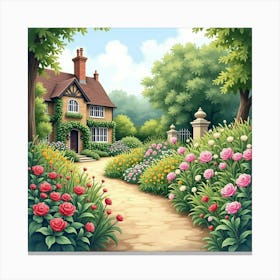 A Picturesque English Garden In Full Bloom, Watercolor Style Canvas Print