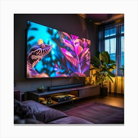 A Movie Theater Mounted On A Wall In A Living Room, In The Style Of Bill Watterson, Timeless Elegance, 32k Uhd, Alex Russell Flint, Cannabis Plant In Background, Smooth And Shiny, Cobra, Light Magenta Canvas Print