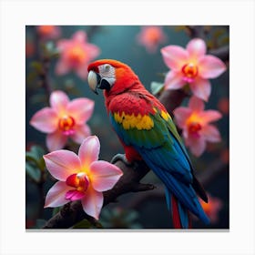 A Colorful Parrot Perched On A Giant Orchid, Surrounded By Surreal, Glowing Flowers Canvas Print