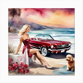 In A Nostalgic 1965 Mustang By Ocean Canvas Print